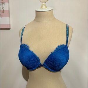 Victoria’s Secret Bombshell Push-Up Padded Blue Lace Rhinestone Underwire Bra